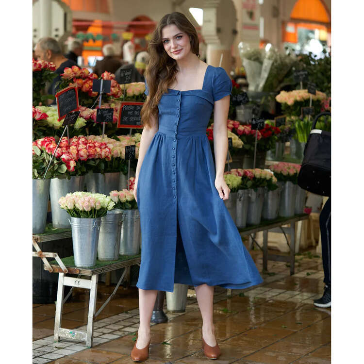 Summer Solid Color Square Neck Short Sleeve Linen Dress Niche Vintage French European Style MAKOUFEI