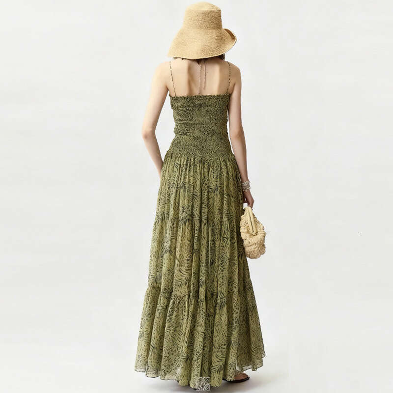 New Green Leopard Print Square Neck Ruched Strap Long Dress Breathable French Vintage Women Dress MAKOUFEI