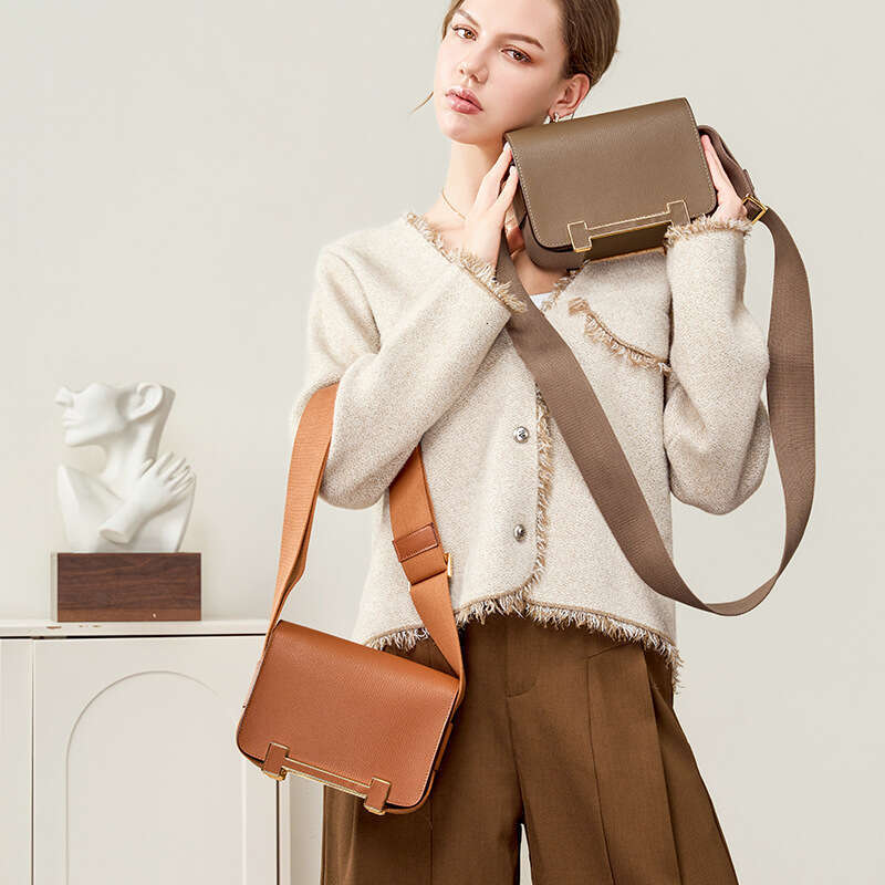 Wide Strap Genuine Leather Small Square Bag Light Luxury Casual Single Shoulder Crossbody Bag SENYY