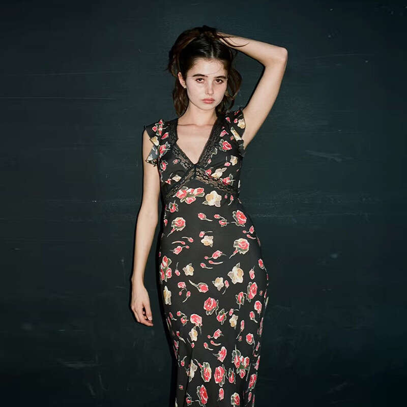 Summer New Black Printed V Neck Lace Trim Cross Waist Vintage Midi Dress MAKOUFEI