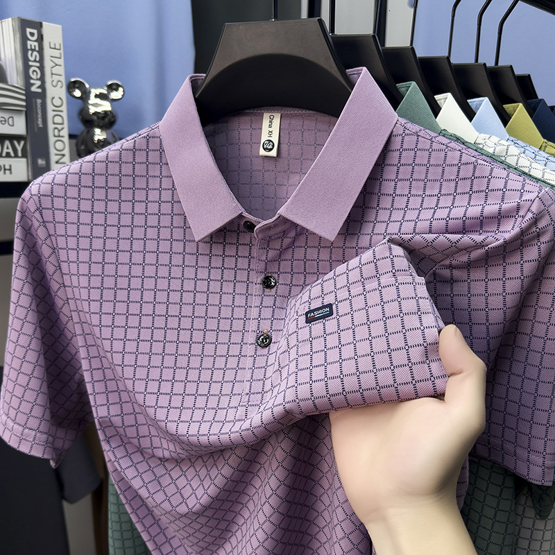 Men's Short-sleeve Polo Shirt With Plaid Print Real Hoodie Pocket Designer T-shirt Polo T-shirt Breathable Suitable For Middle-aged And Elderly New Summer Style
