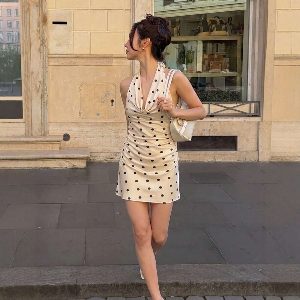 Cross-Border Women's Fashion Spring-Summer New Elegant Satin Short Dress, Trendy European And American Style Polka Dot Halter Neck Slim-Fit Dress