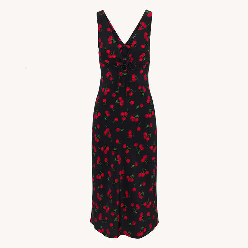 Sleeveless Cherry Printed Silk Deep V Neck Dress Waist Cinched French Resort Elegant Women Dress MAKOUFEI