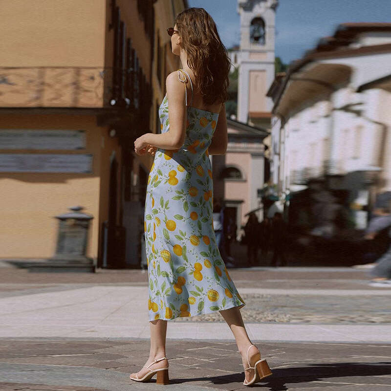 Summer New French Silk Printed Tie Waist Long Dress Slim Fit Elegant Women Casual Party Dress MAKOUFEI