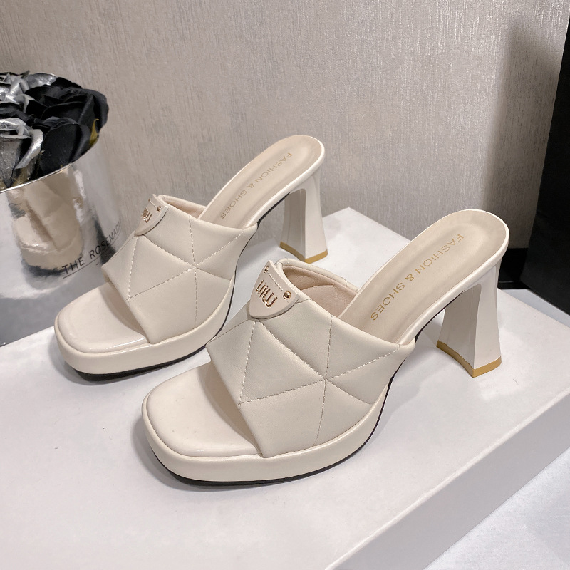 free shipping luxury designer shoes 2026 Women's Quilted Platform High Heel Mules, Square Toe Open Toe Chunky Heel Slide Sandals
