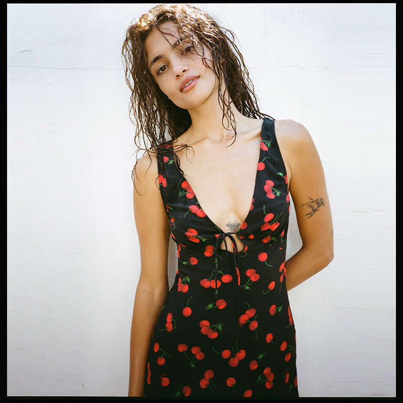 Sleeveless Cherry Printed Silk Deep V Neck Dress Waist Cinched French Resort Elegant Women Dress MAKOUFEI