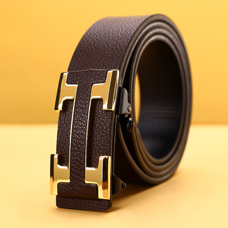 Luxury Brand Designer 2026 Genuine Leather No-hole Automatic Buckle Belt Fashion Business Versatile Adjustable Waistband for Young People Daily Wear