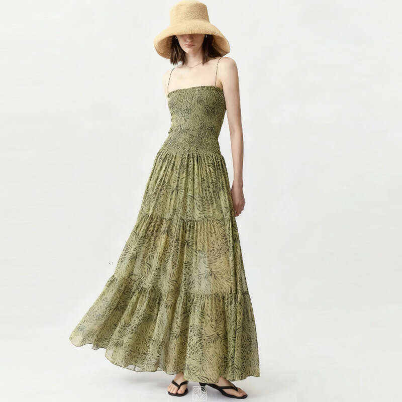 New Green Leopard Print Square Neck Ruched Strap Long Dress Breathable French Vintage Women Dress MAKOUFEI