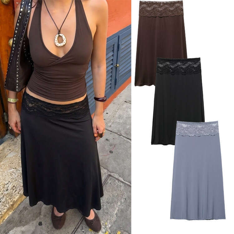 Cross-Border Women's Clothing Lace Mid-Length New Spring And Autumn High-Waisted Drapey Patchwork Skirt, Fashionable Midi Skirt 19e4