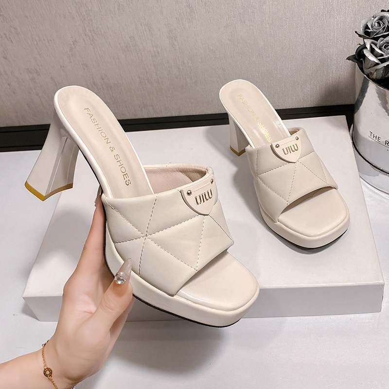 free shipping luxury designer shoes 2026 Women's Quilted Platform High Heel Mules, Square Toe Open Toe Chunky Heel Slide Sandals