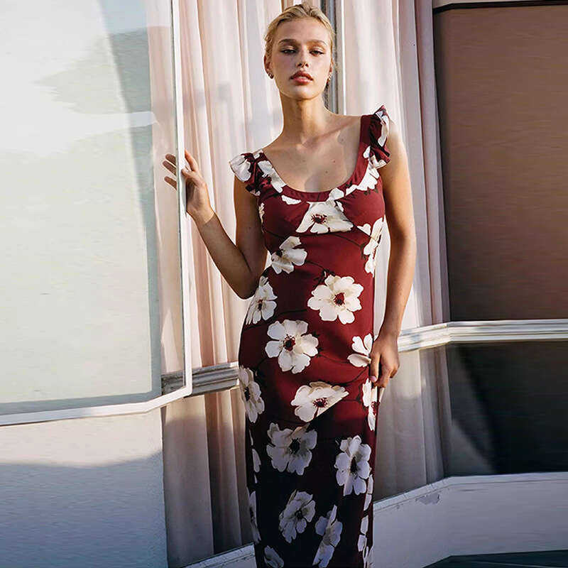 Summer New Silk Printed Ruffle Dress Round Neck Low Cut Waist Tight Slim Resort Wear MAKOUFEI