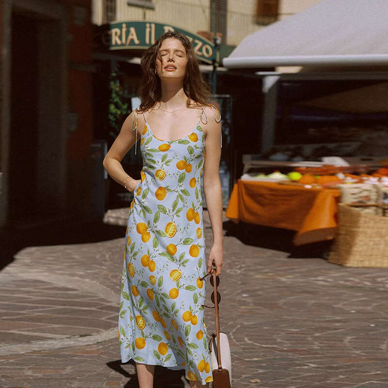 Summer New French Silk Printed Tie Waist Long Dress Slim Fit Elegant Women Casual Party Dress MAKOUFEI
