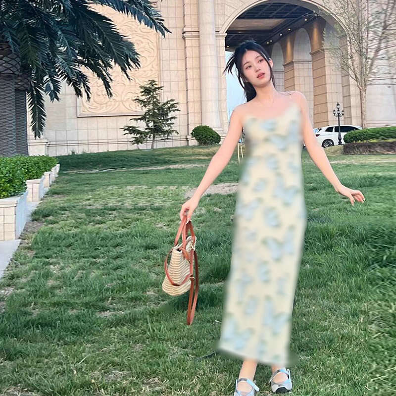 Summer French Silk Printed Tie Waist Long Dress Slim Fit Bias Cut Elegant Women Daily Party Dress MAKOUFEI