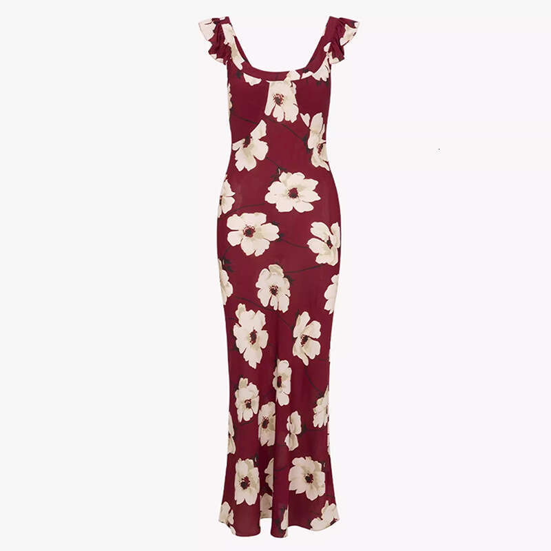 Summer New Silk Printed Ruffle Dress Round Neck Low Cut Waist Tight Slim Resort Wear MAKOUFEI