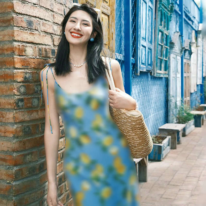 Summer French Silk Printed Tie Waist Long Dress Slim Fit Bias Cut Elegant Women Daily Party Dress MAKOUFEI