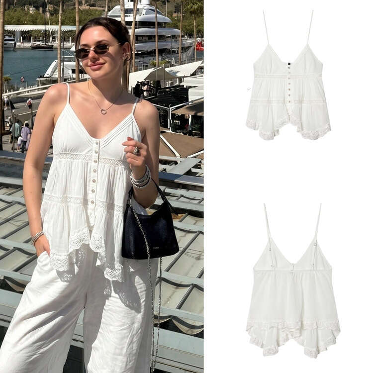 Cross-Border Women's French-Style White Camisole, New Summer Model With Lace Splicing Design, Niche Vacation-Style Top 1d49