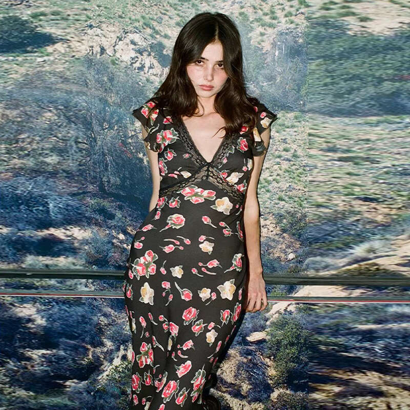 Summer New Black Printed V Neck Lace Trim Cross Waist Vintage Midi Dress MAKOUFEI