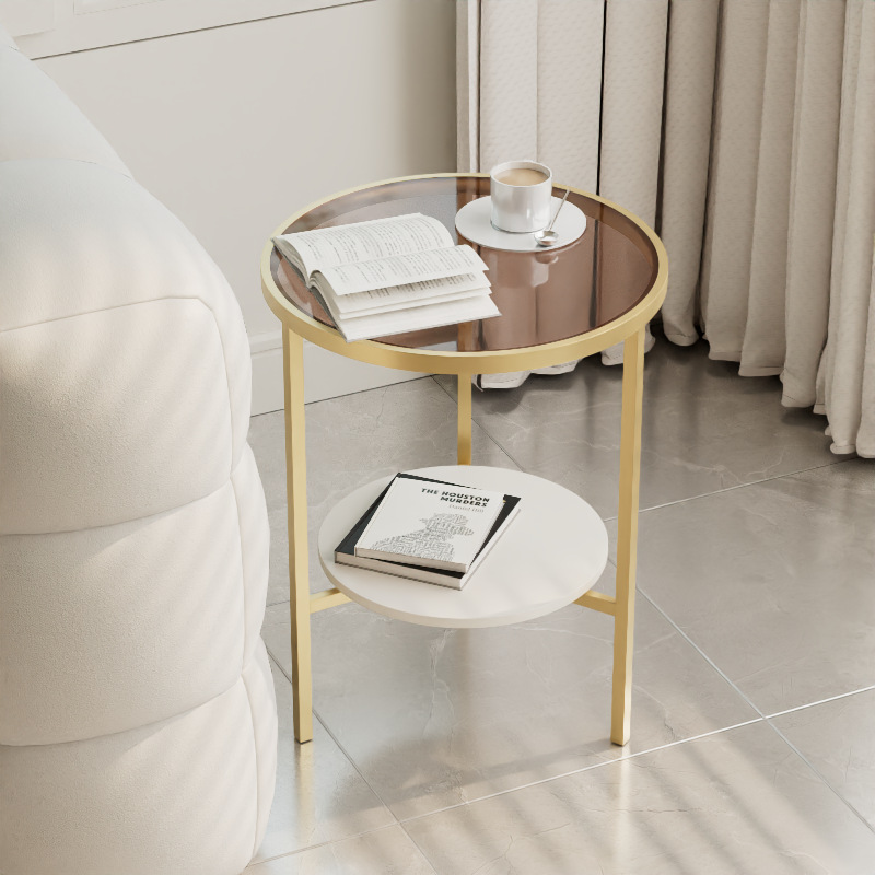 R05243 Modern small apartment round coffee table with stone slab side table for living room sofa