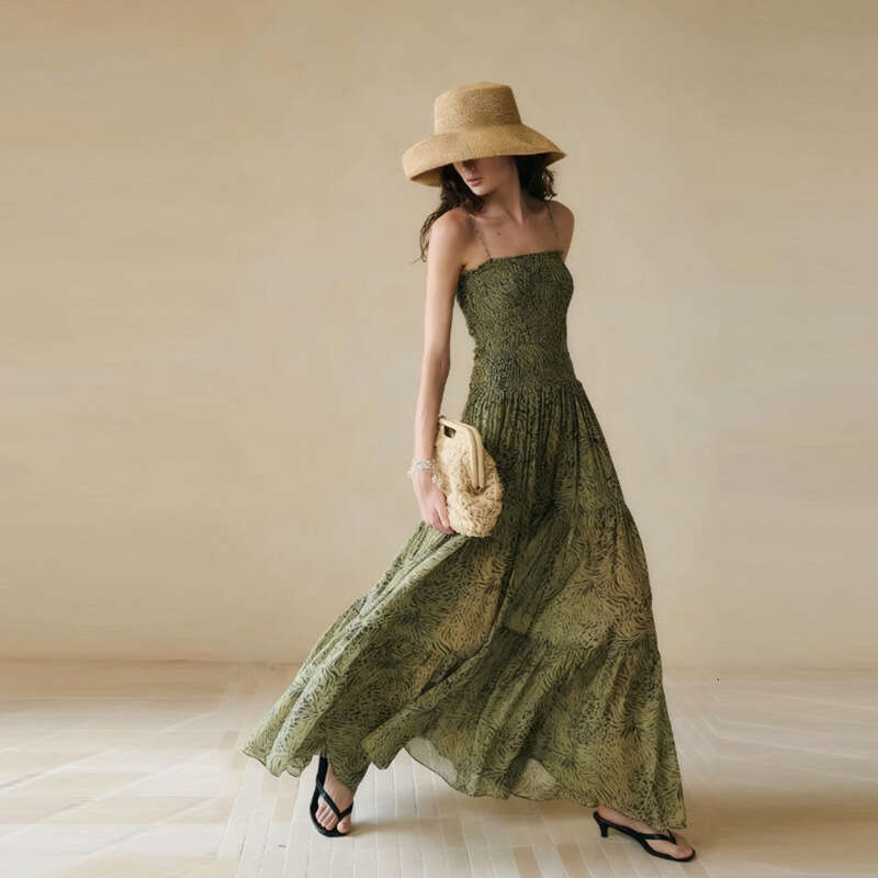 New Green Leopard Print Square Neck Ruched Strap Long Dress Breathable French Vintage Women Dress MAKOUFEI