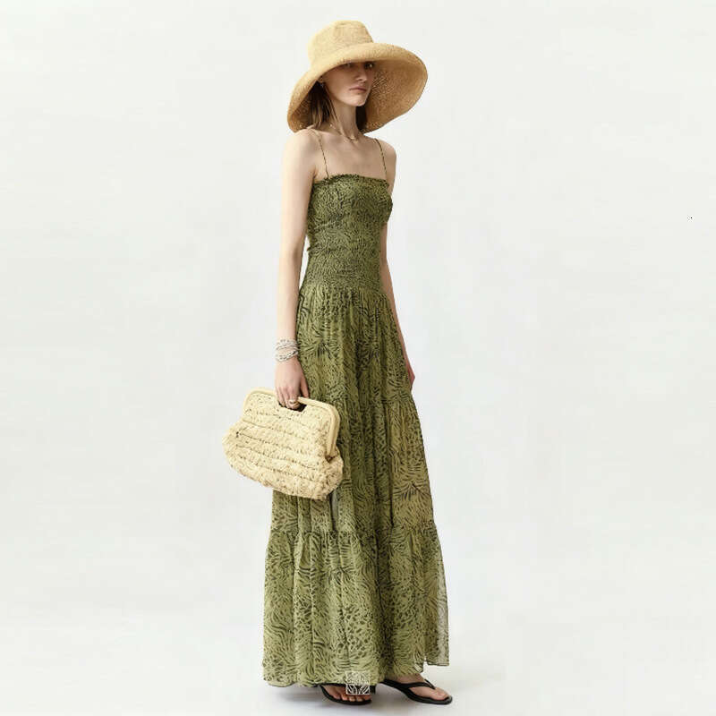 New Green Leopard Print Square Neck Ruched Strap Long Dress Breathable French Vintage Women Dress MAKOUFEI