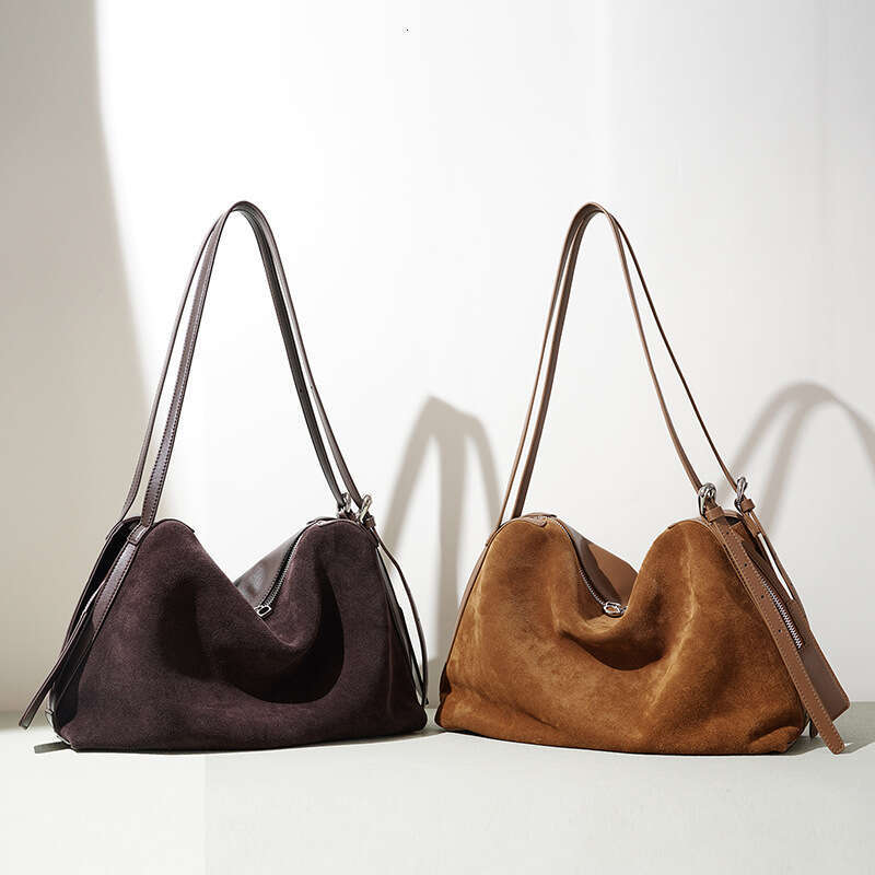 New Vintage Matte Suede Boston Bag Large Capacity Genuine Leather Versatile Women Shoulder Tote Bag SENYY