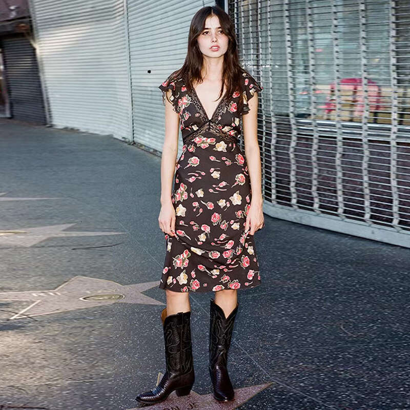 Summer New Black Printed V Neck Lace Trim Cross Waist Vintage Midi Dress MAKOUFEI
