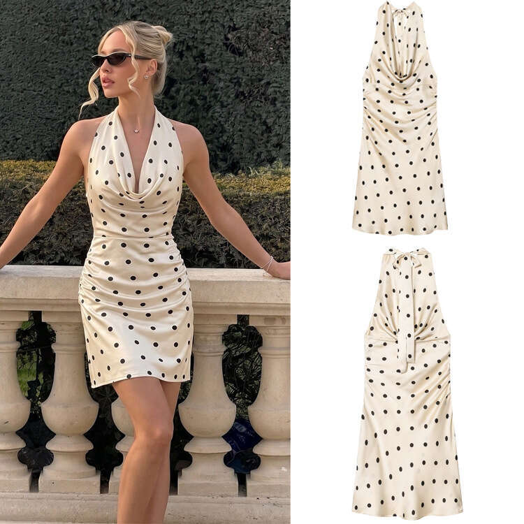 Cross-Border Women's Fashion Spring-Summer New Elegant Satin Short Dress, Trendy European And American Style Polka Dot Halter Neck Slim-Fit Dress