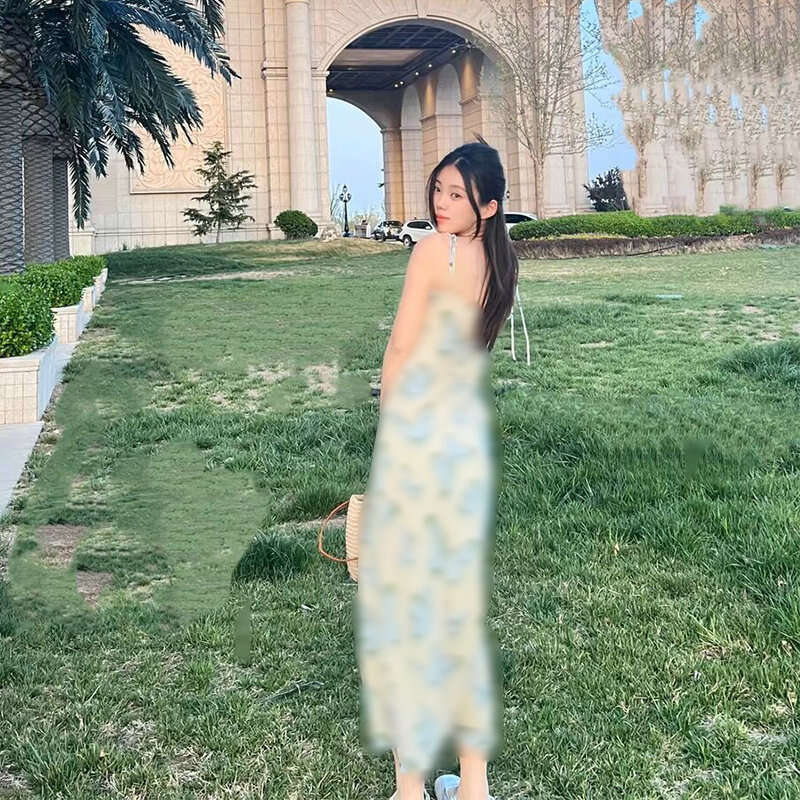 Summer French Silk Printed Tie Waist Long Dress Slim Fit Bias Cut Elegant Women Daily Party Dress MAKOUFEI