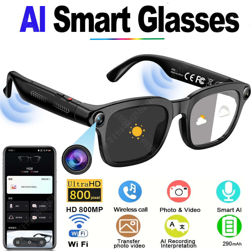 M08 Smart Glasses, Camera Lens, Photochromic Lens, Bluetooth Call, AI Chat & Translation Function