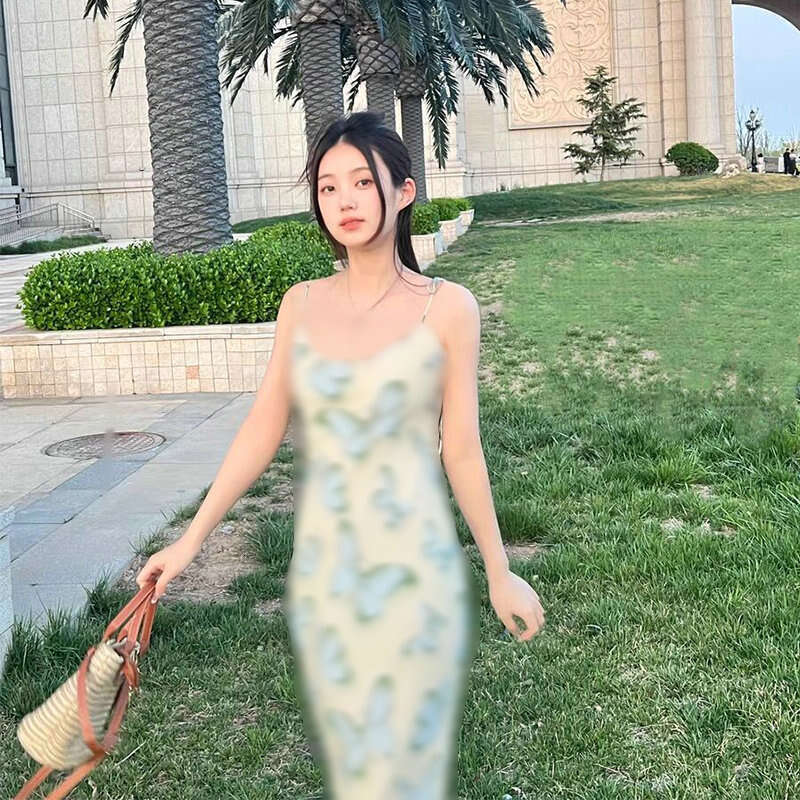 Summer French Silk Printed Tie Waist Long Dress Slim Fit Bias Cut Elegant Women Daily Party Dress MAKOUFEI