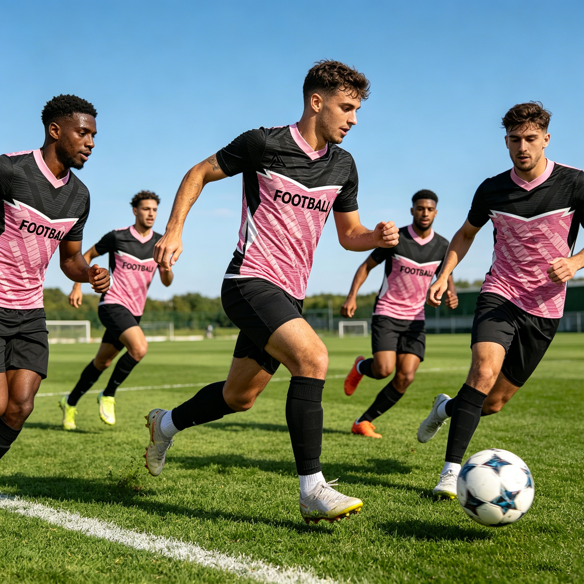 Custom Contrast Sleeve Soccer Uniform Set Breathable Polyester OEM Football Jersey Shorts for Team Matches - view 5