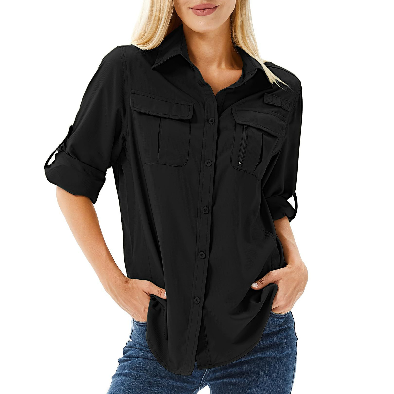 2025 QuickDry Stretch Shirt MultiPocket Breathable UV Protection Outdoor Thin Womens 260513