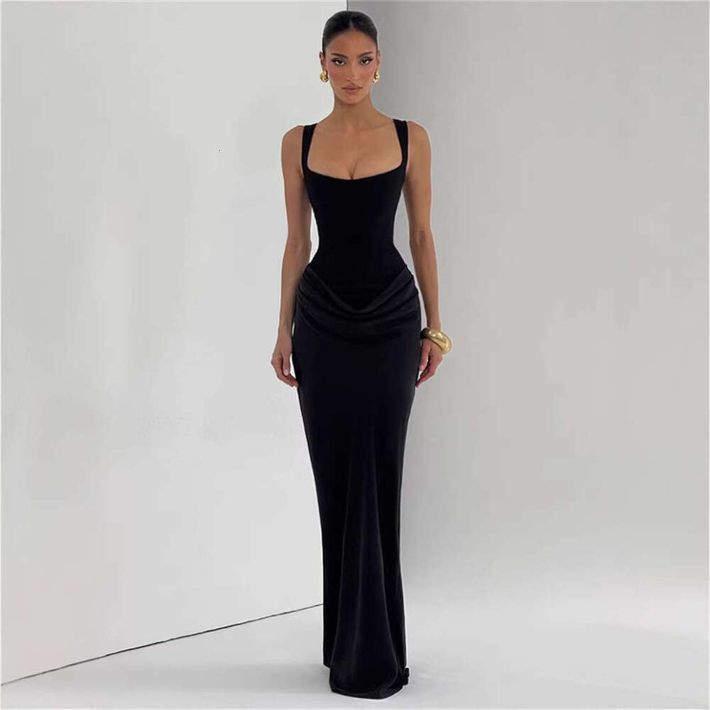 Cross Border European American Style Spring New Solid Color Sexy Sleeveless Slim Ruched Square Neck Bodycon Dress MAKOUFEI