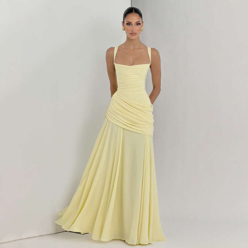 New European American Style Womens Dress Elegant Solid Color Low Cut Pleated Straps Waist Cinching Backless Design MAKOUFEI