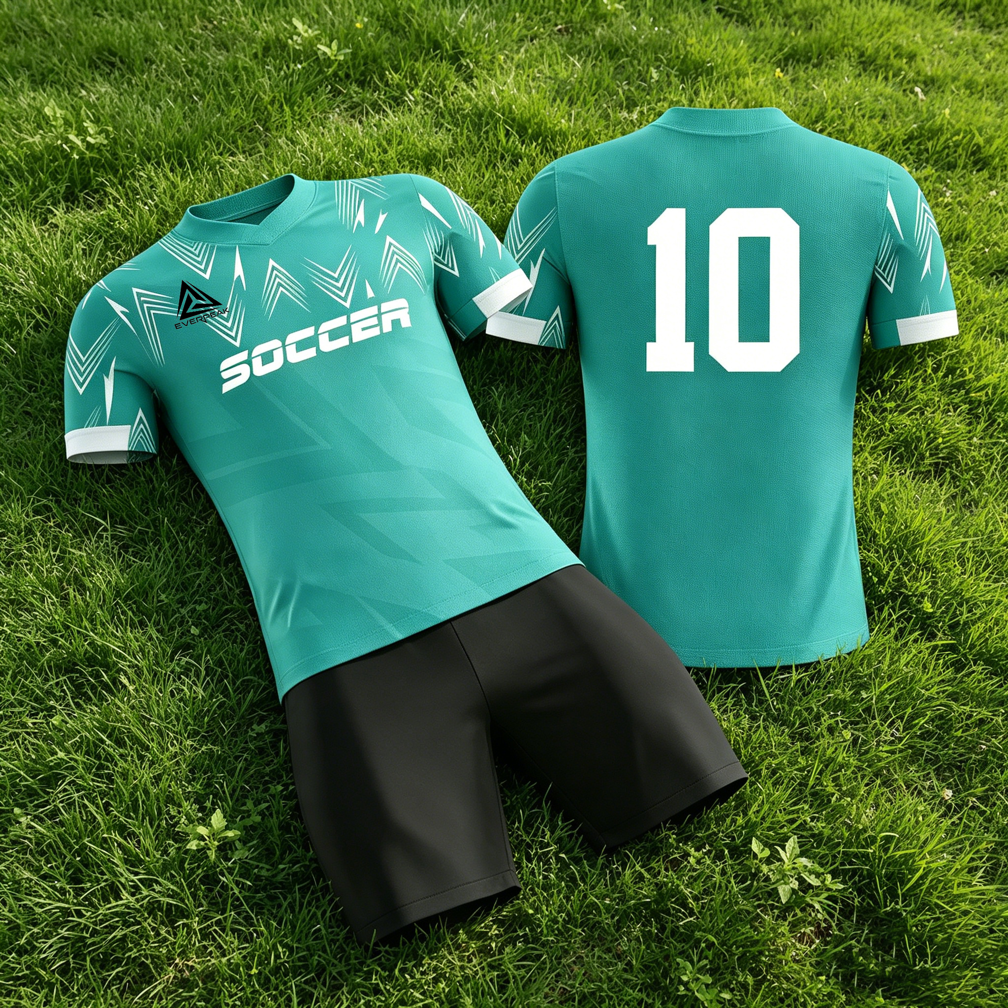 Custom Soccer Jersey Set Men Teal Geometric Arrow Football Uniform with Shorts Personalized Name Number Breathable Quick Dry Kit - view 5