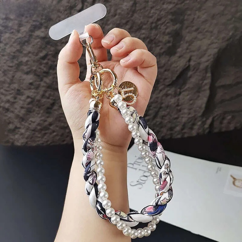 Phone charm bag charm Chic Braided Silk Scarf Phone Charm - Pearl Beaded Metal Pendant for Phones Bags & Daily Outfits - view 5