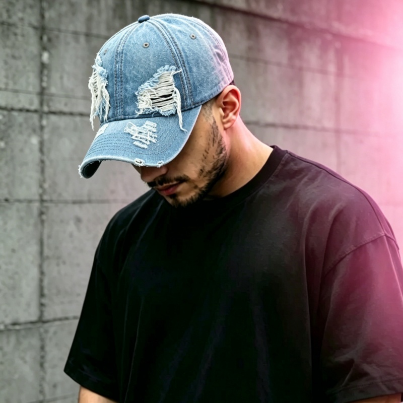 Retro Washed Denim Baseball Cap - Distressed Hole Black Y2K