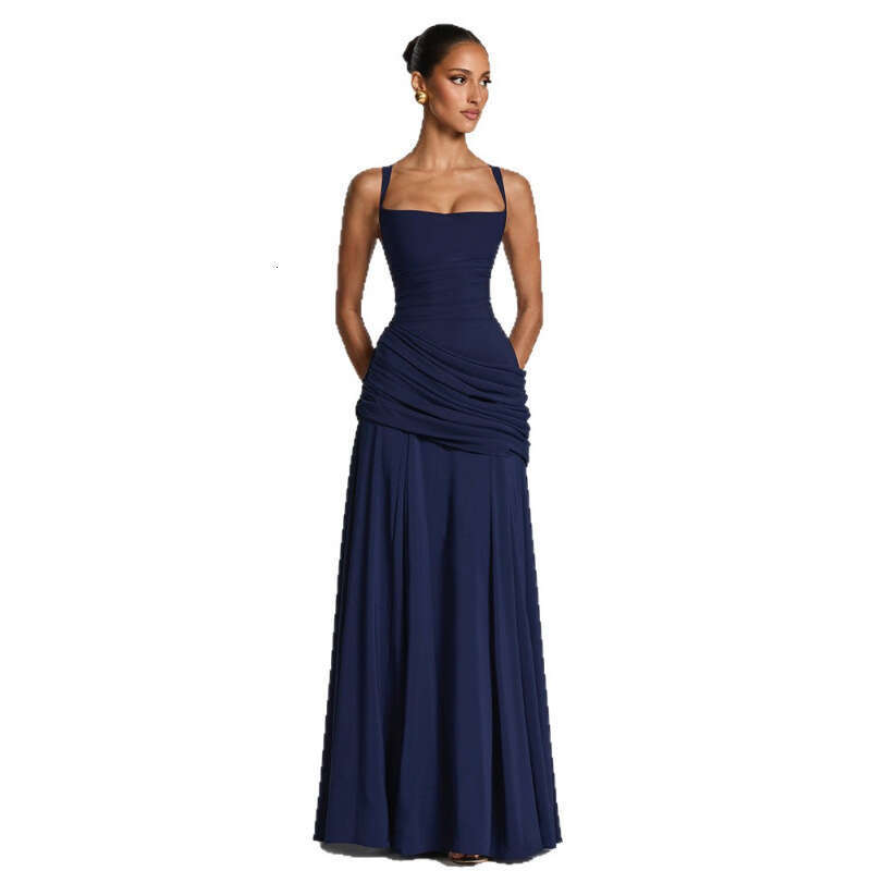 New European American Style Womens Dress Elegant Solid Color Low Cut Pleated Straps Waist Cinching Backless Design MAKOUFEI