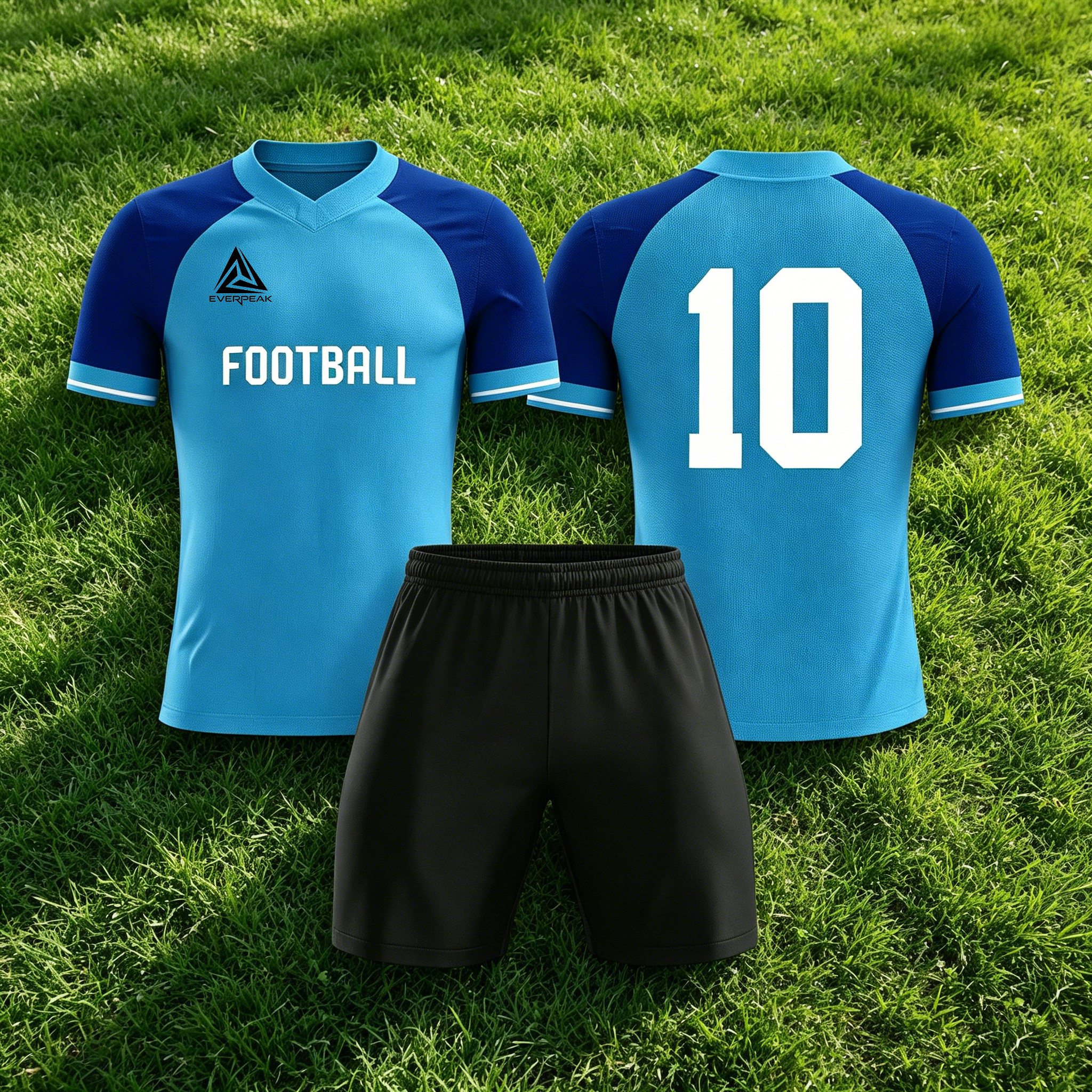 Custom Soccer Jersey Set Men Light Dark Blue Raglan Football Uniform with Shorts Personalized Name Number Breathable Quick Dry Kit - view 3