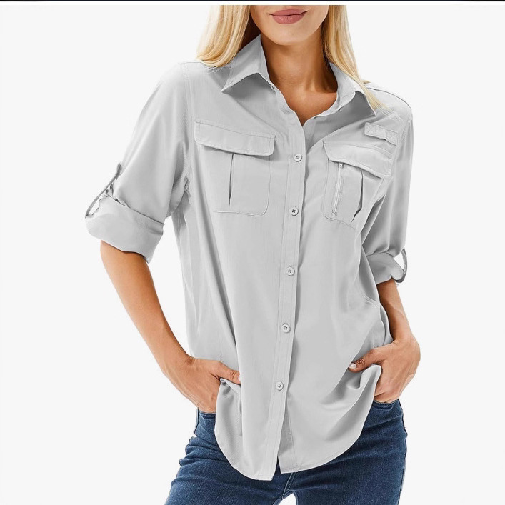 2025 QuickDry Stretch Shirt MultiPocket Breathable UV Protection Outdoor Thin Womens 260513