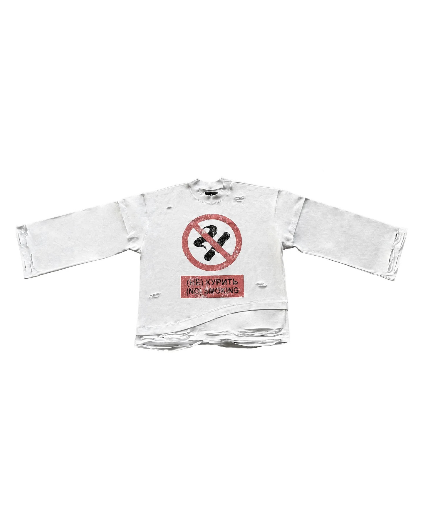 Y2K Gothic Harajuku Hip Hop Punk Long Sleeved Prohibited Cigarette Print Pattern T Shirts Retro Street Wear Loose Ripped Top 260522