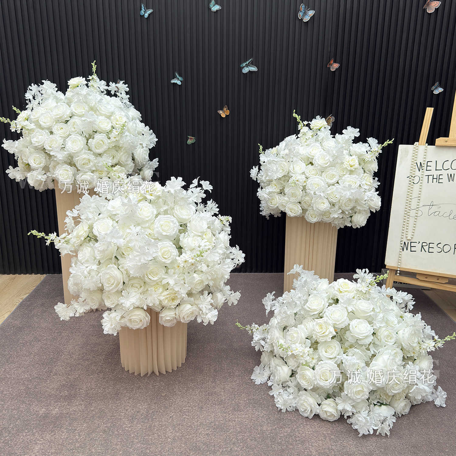 Simulation of white rose flower balls for wedding table arrangement, wedding proposal display window, exhibition hall decoration, road guide flowers C