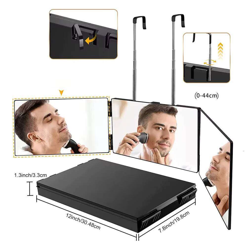 3 Way Compact Self Hair Cutting Portable Trifold Cosmetic Makeup Vanity Mirror for Men and Women Folding Black W260525