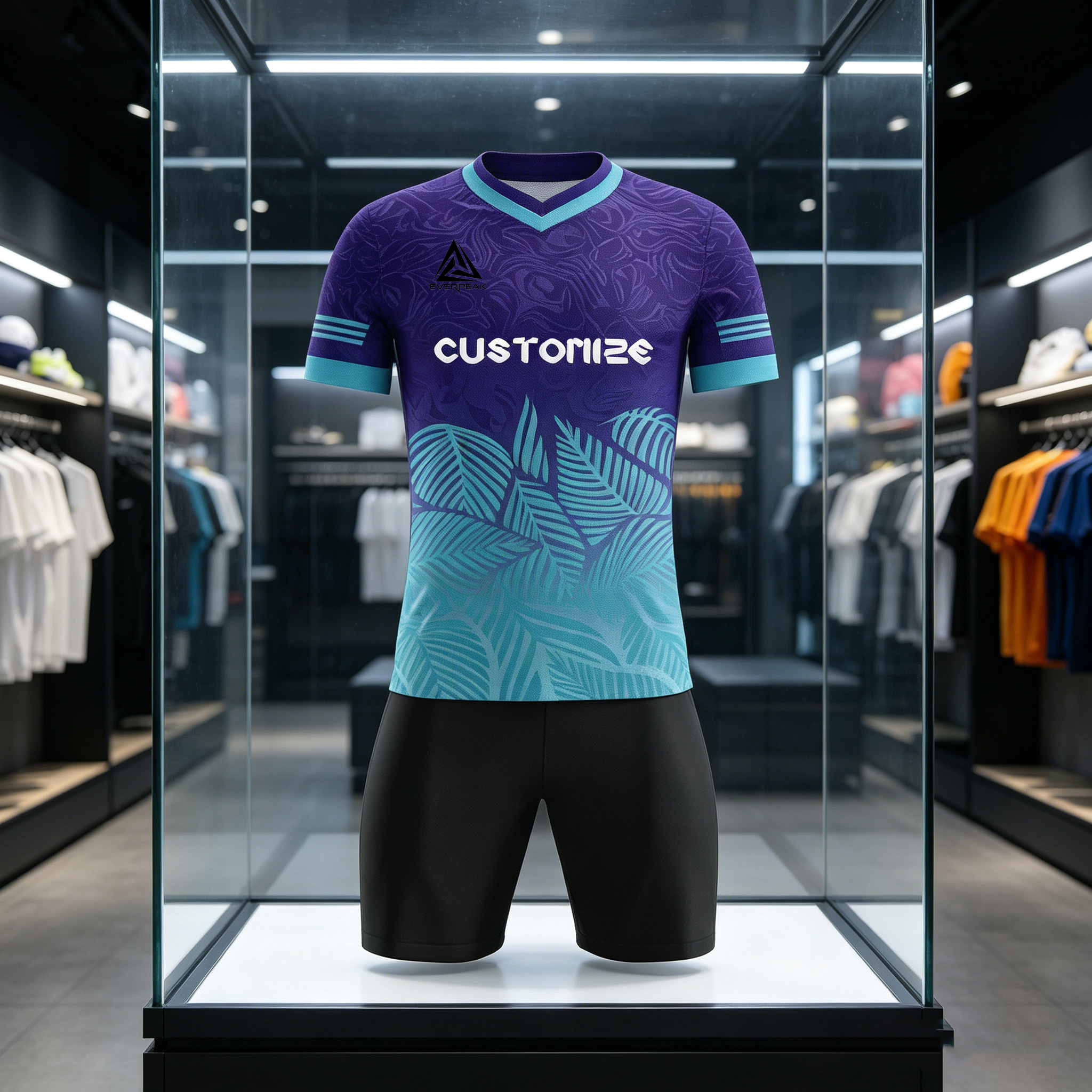 Custom Soccer Jersey Set Men Purple Turquoise Leaf Pattern Football Uniform with Shorts Personalized Name Number Quick Dry Kit - view 3