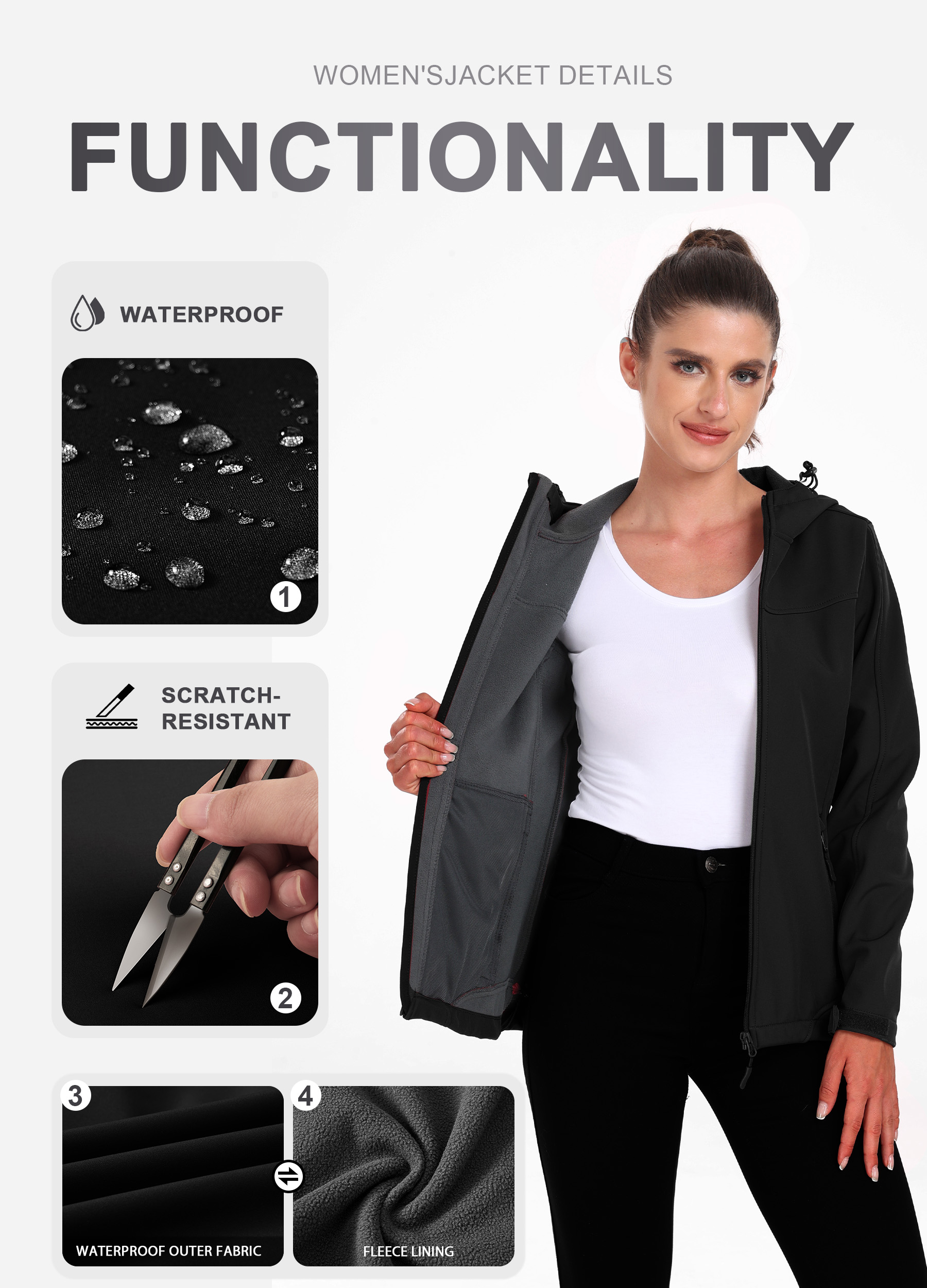 Women's Soft Shell Jacket with Hooded Raincoat - Fleece Lined Hiking Outerwear