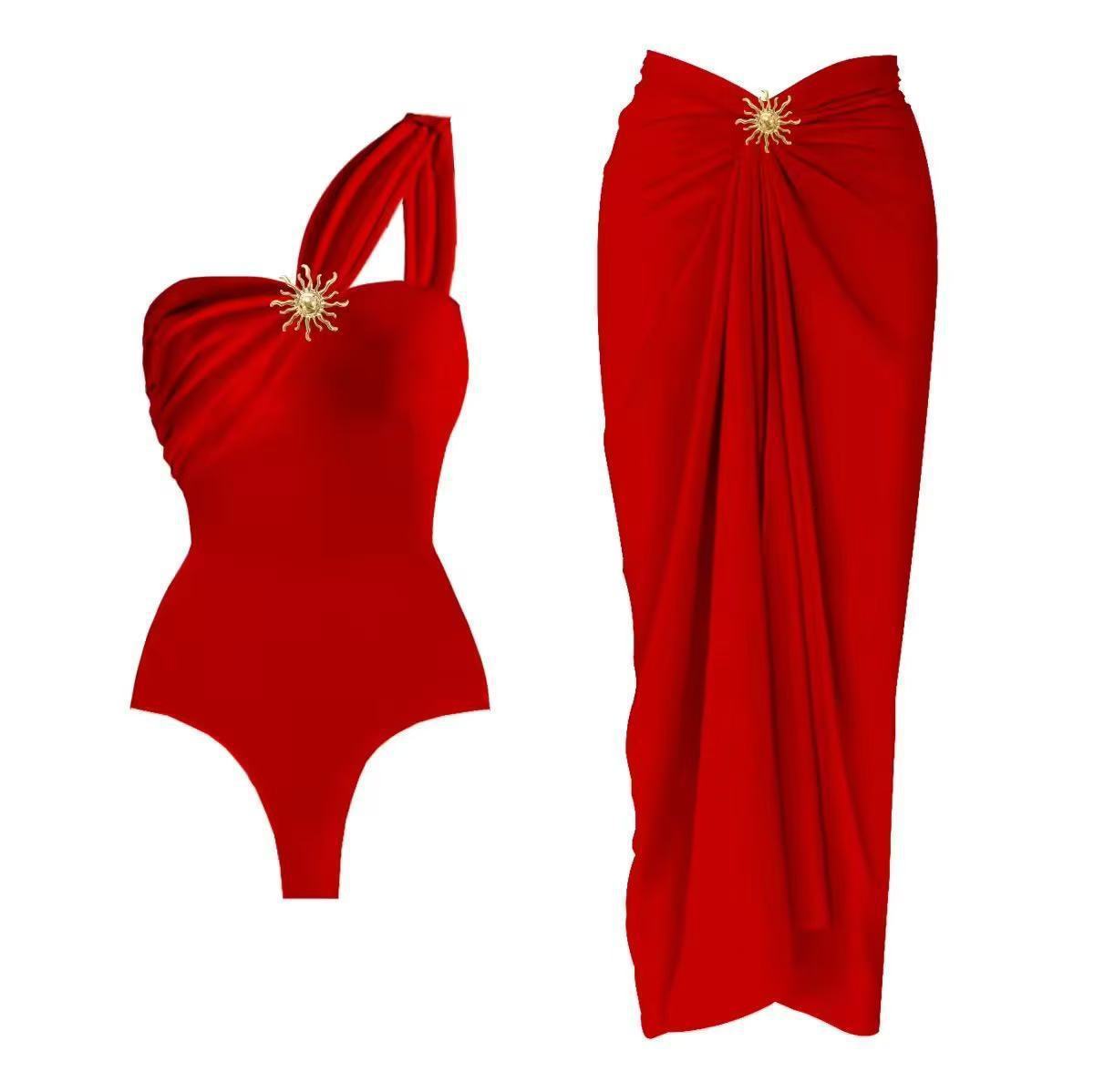 2Pcs One Shoulder Swimsuit Sexy Women Bikini Cut Out Swimwear Solid Red Swimming Suit Female Biquini Bodysuit Beach Outfits 250116