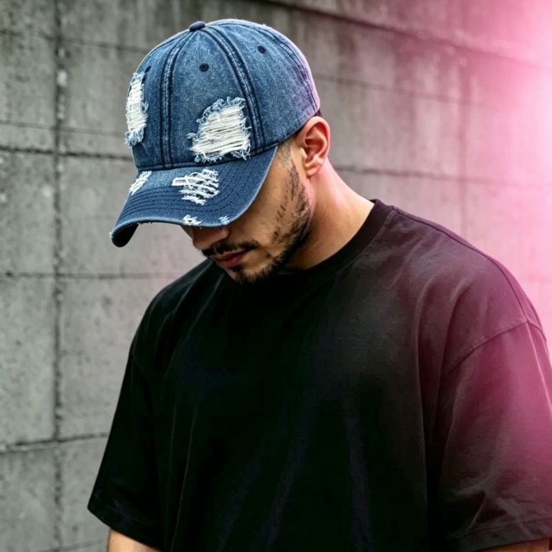Retro Washed Denim Baseball Cap - Distressed Hole Black Y2K