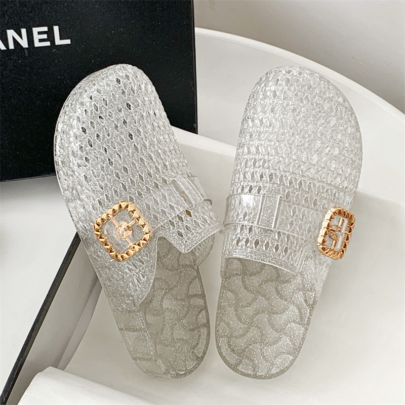 New Women's Summer Outerwear Lightweight and Fashionable Transparent Crystal Cool Slippers Thick Bottom Boken Baotou Half Dragged Flat Shoes