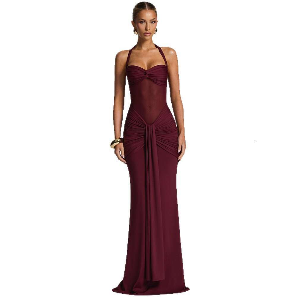 Halter Neck Lace Up Mesh Patchwork Ribbon Long Dress European American Style Fashion Women Outfit For Daily Party Dating MAKOUFEI