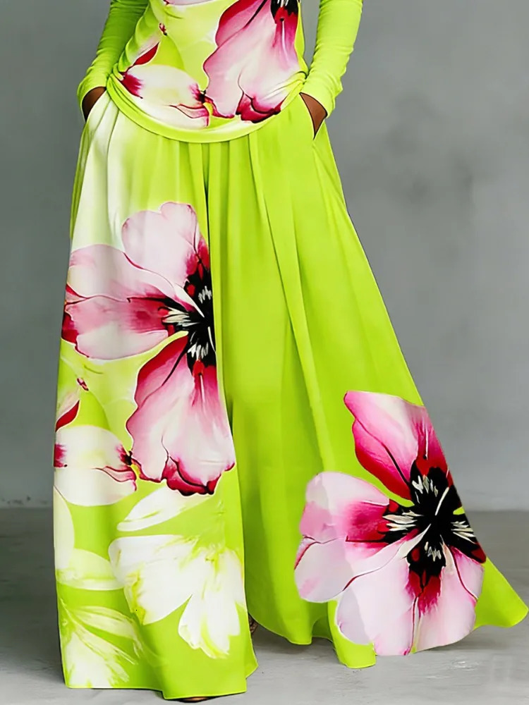 UOOZEE Womens 2 Piece Sets Floral Printed Long Sleeves Tops Pleated Elastic Waist Wide Leg Pants Boho Vacation Matching Set 260521 - view 4